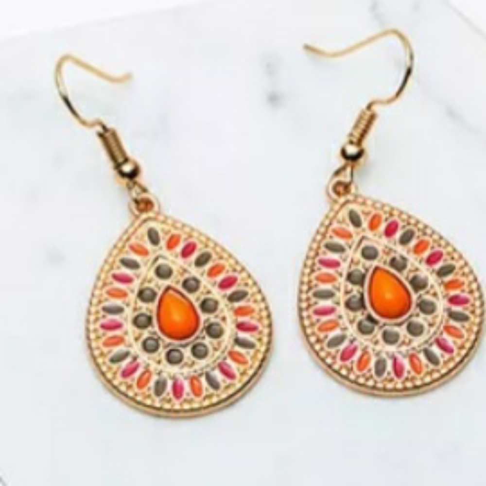 Boho orange gold teardrop earrings..NWT
